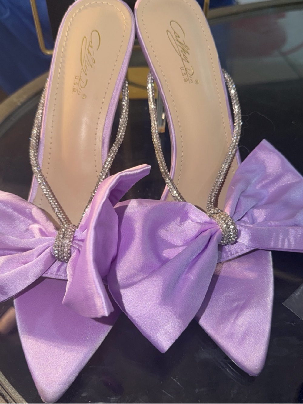 Caparros Lavender Satin Bow Pointed-Toe Mules with Crystal Straps
